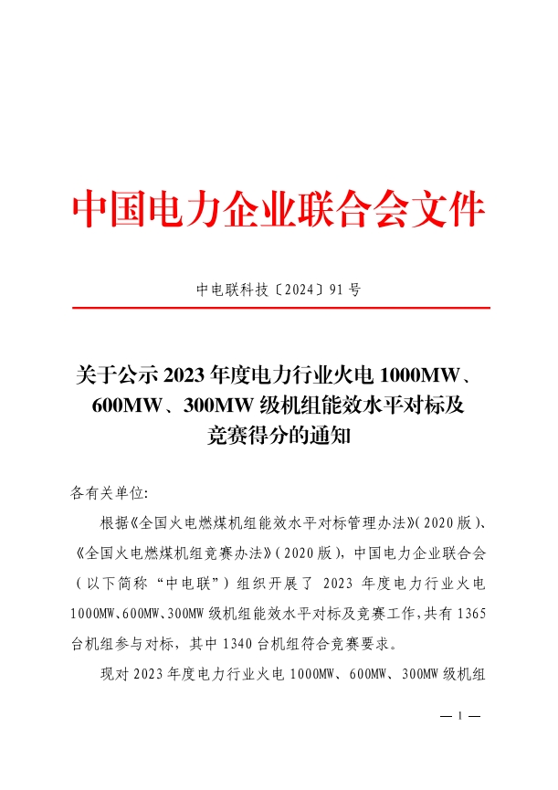 关于公示2023年度电力行业火电1000MW、600MW、300MW级机组能效水平对标及竞赛得分的通知-1